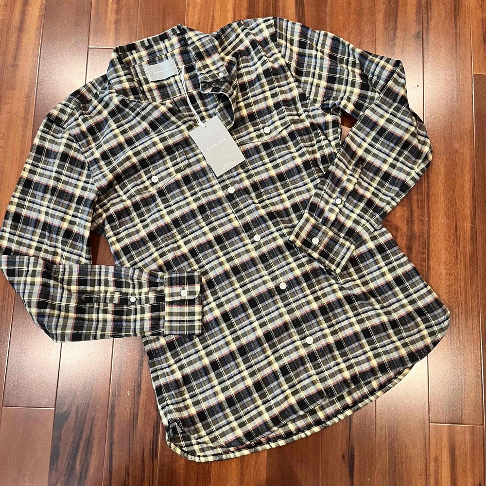 New‎ NWT Everlane Black Yellow Plaid Shirt Top Long Sleeves Button-Up Flannel M